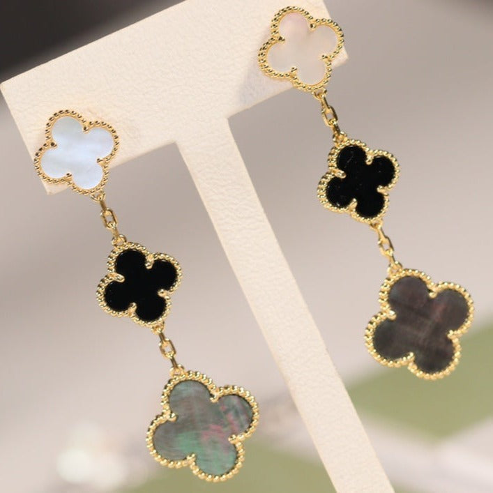 [Stellar Jewelry]CLOVER EARRINGS GOLD ONYX MOP 3 MOTIF