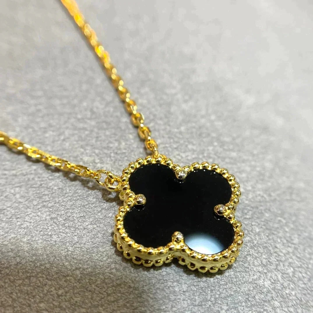 [Stellar Jewelry]CLOVER 15MM BLACK ONYX SINGLE FLOWER NECKLACE