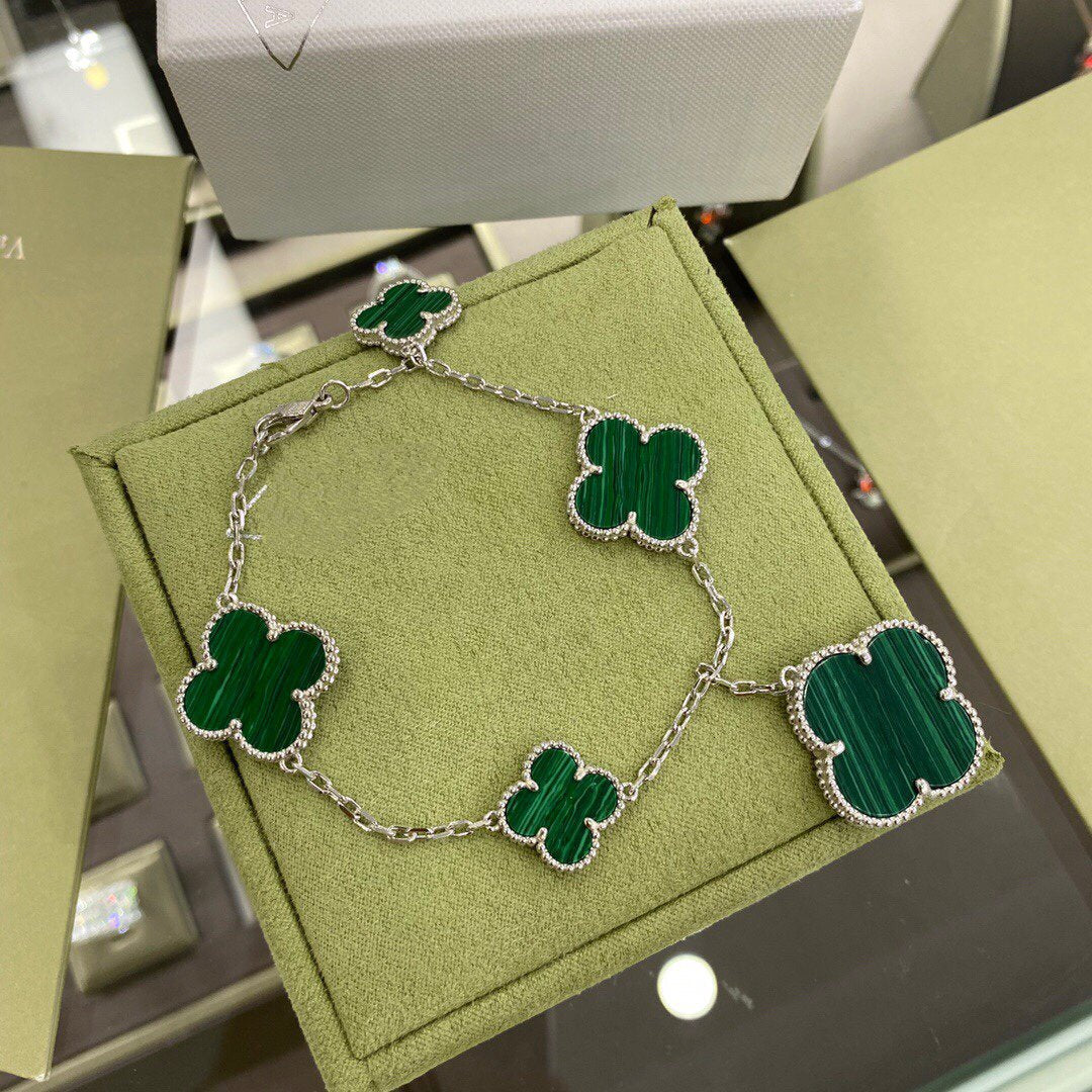 [Stellar Jewelry]CLOVER 5 MOTIFS SIVLER MALACHITE BRACELET