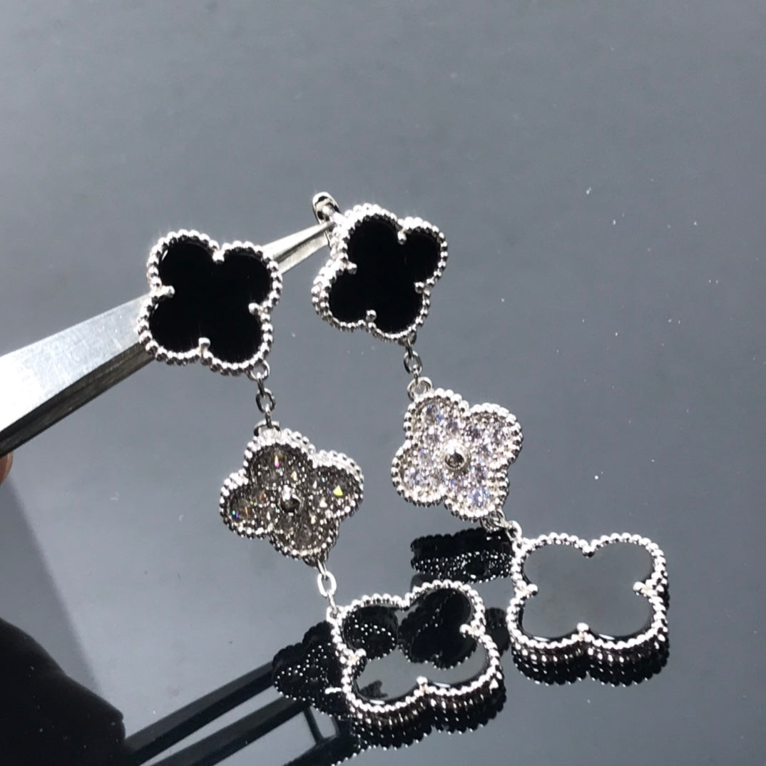 [Stellar Jewelry]CLOVER 3 MOTIF DIAMOND ONYX SILVER EARRINGS