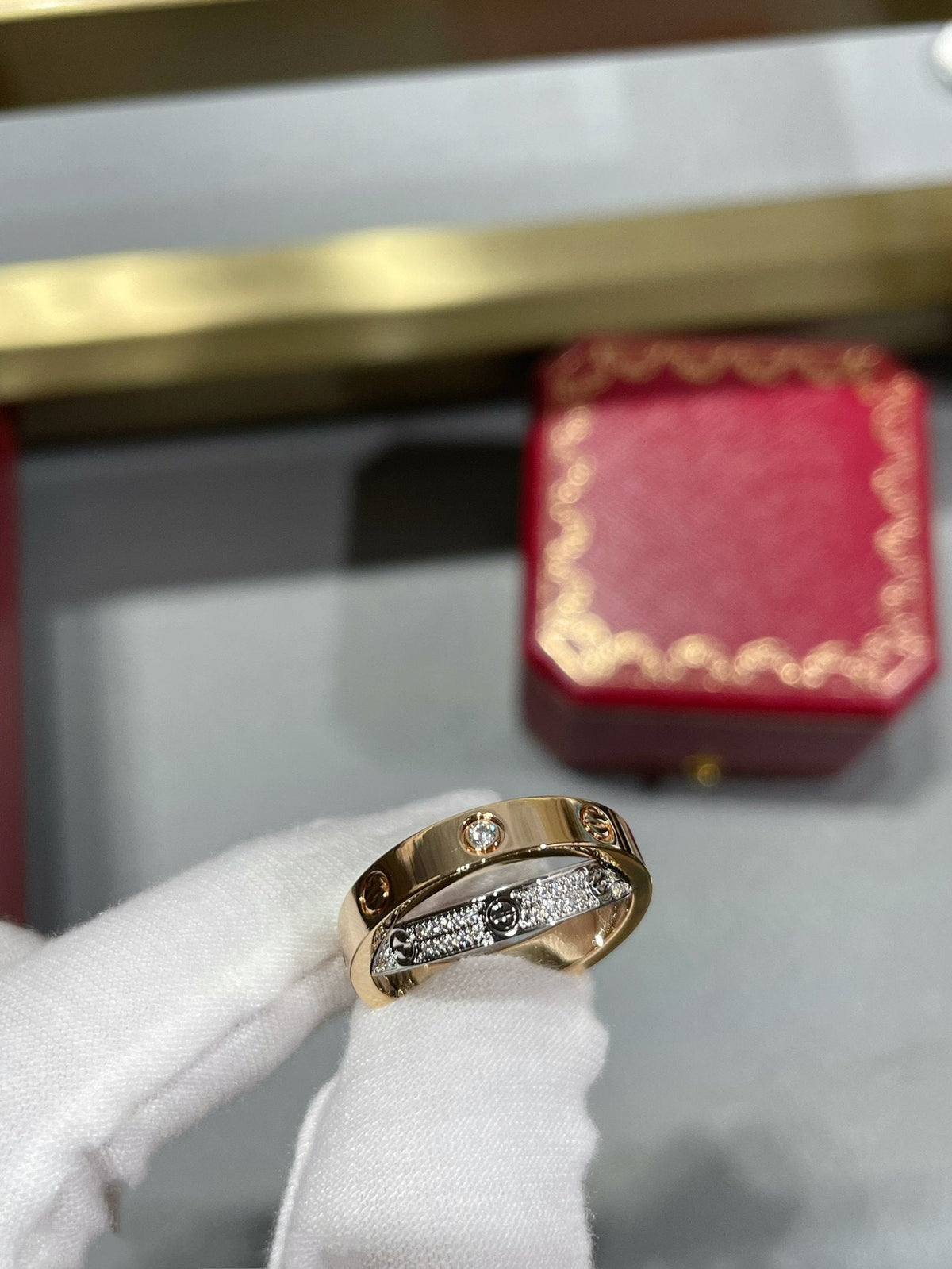 [Stellar Jewelry]LOVE PINK GOLD SILVER DIAMOND DOUBLE RING