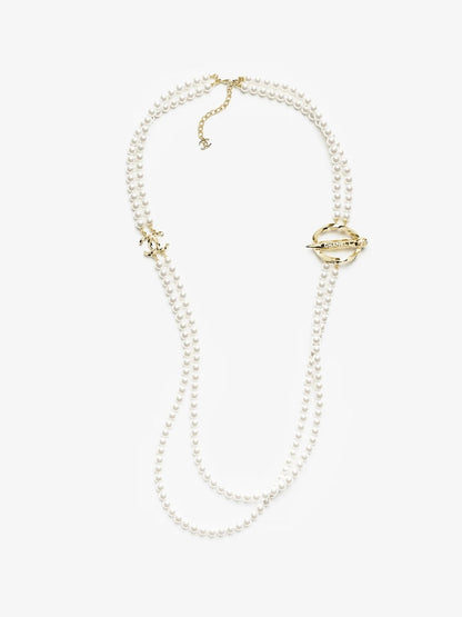 [Stellar Jewelry]25K Pencil Double C Double-Layer Pearl Sweater Chain