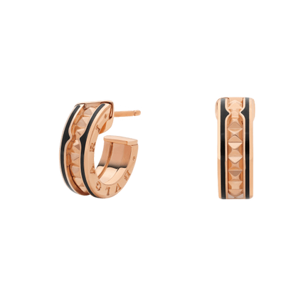 [Stellar Jewelry]ZERO 1 ROCK PINK GOLD EARRINGS WITH STUDDED SPIRAL AND BLACK CERAMIC