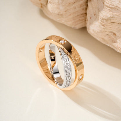 [Stellar Jewelry]LOVE PINK GOLD SILVER DIAMOND DOUBLE RING
