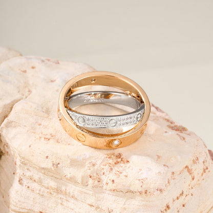 [Stellar Jewelry]LOVE PINK GOLD SILVER DIAMOND DOUBLE RING